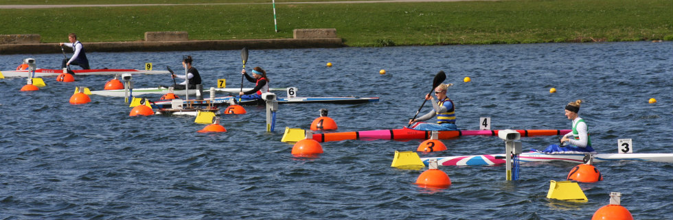Start of a womens A 200m kayak heat Start of a womens A 200m kayak heat